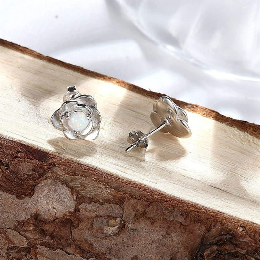 Silver Rose Flower Earrings Studs