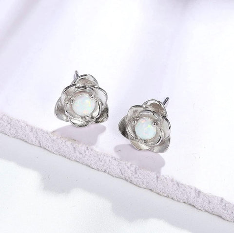 Silver Rose Flower Earrings Studs